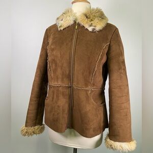 Style & Co Y2K Faux Suede Shearling Jacket Women’s Small Brown Fur Trim Boho